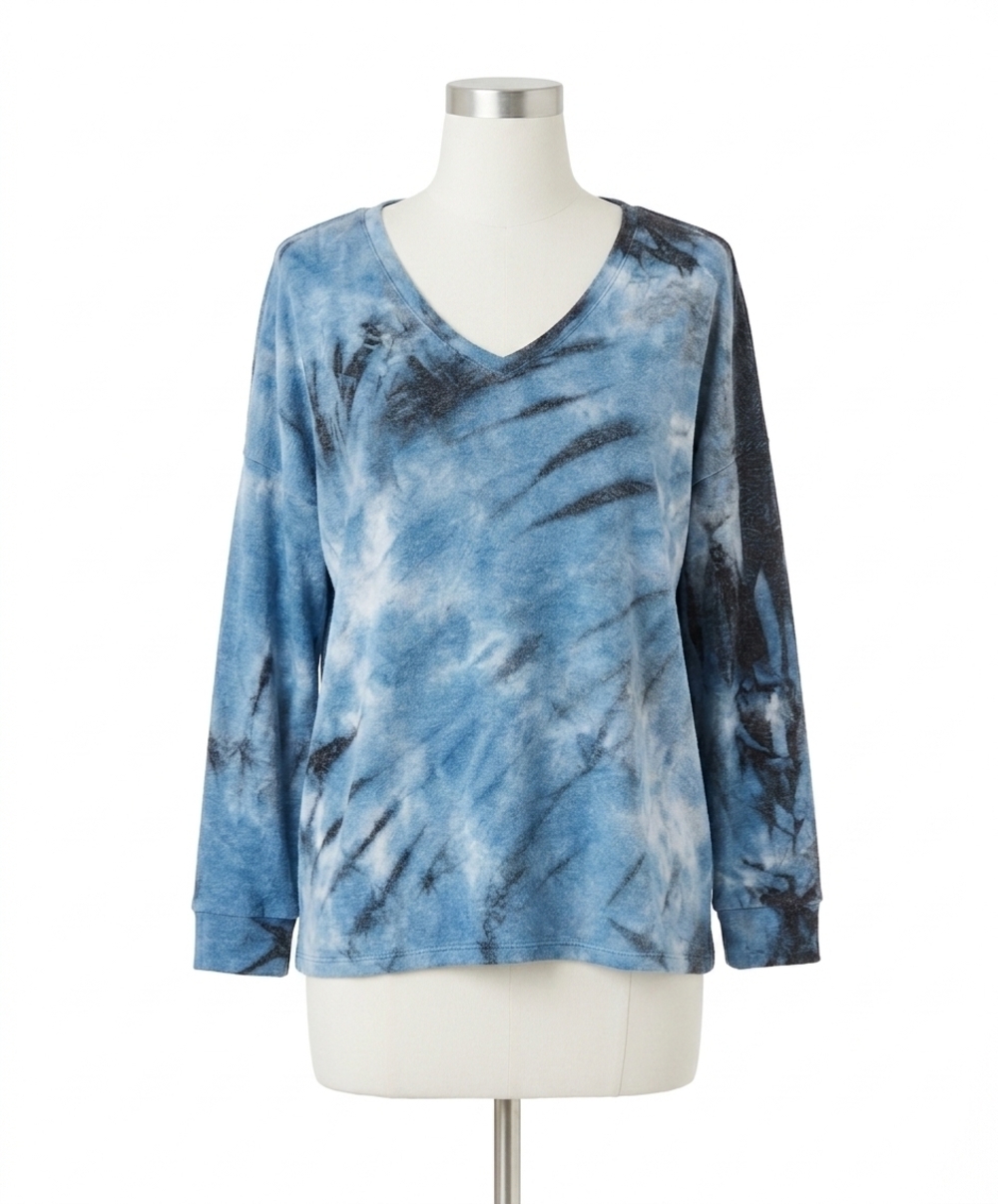 NEW FRENCH KYSS marble wash long sleeve v-neck top in denim